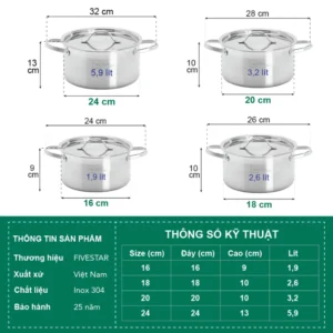 Bộ 4 nồi 3 lớp inox 304 Fivestar nắp inox